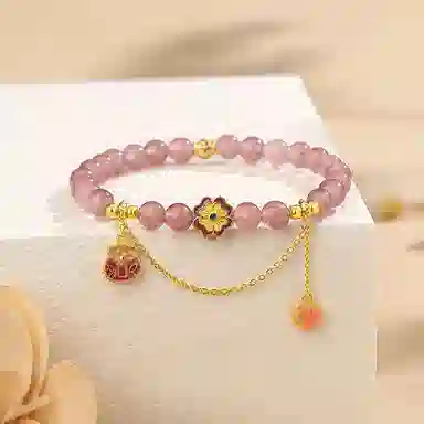 【S925银】 七好美银 四叶草钱袋花朵流苏新中式国风国潮复古温柔文雅幸运相伴小清新轻奢精致简约高级女神百搭#好运 草莓晶 手串 女款