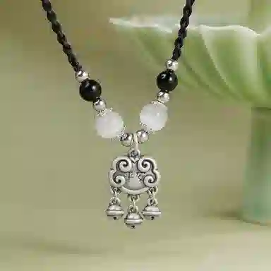 【999足银纯银 平安喜乐】 七好美银 如意锁平安扣新中式古法复古车国风百搭极简福气平安小众设计高级感 玻璃猫眼 项链 男女同款情侣款