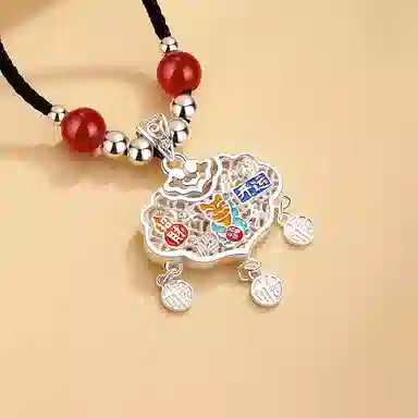 【999足银纯银】 七好美银 招财开运如意锁国风福字国潮平安锁新中式经典祥云转运招财纳福吊坠小众复古 玛瑙 项链 男女同款情侣款