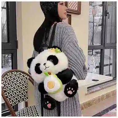 绿野客 可爱熊猫 花花女卡通抱发财苹果 包包轻便背包 旅游小 萌宠陪伴玩偶 尼龙 双肩包 中号 黑色