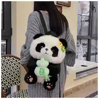 绿野客 可爱熊猫 花花女卡通抱发财苹果 包包轻便背包 旅游小 萌宠陪伴玩偶 尼龙 双肩包 中号 黑色
