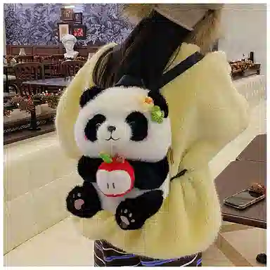 绿野客 可爱熊猫 花花女卡通抱发财苹果 包包轻便背包 旅游小 萌宠陪伴玩偶 尼龙 双肩包 中号 黑色