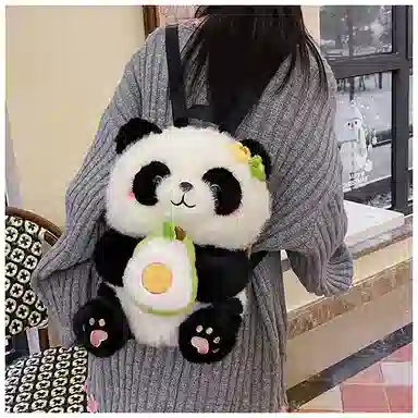 绿野客 可爱熊猫 花花女卡通抱发财苹果 包包轻便背包 旅游小 萌宠陪伴玩偶 尼龙 双肩包 中号 黑色