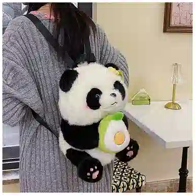 绿野客 可爱熊猫 花花女卡通抱发财苹果 包包轻便背包 旅游小 萌宠陪伴玩偶 尼龙 双肩包 中号 黑色