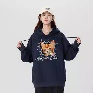 阿凡迪 仿刺绣美式复古高街时尚潮流创意可爱小猫印花纯色宽松日常通勤休闲运动学生党经典百搭长袖氛围感重磅连帽卫衣 男女同款