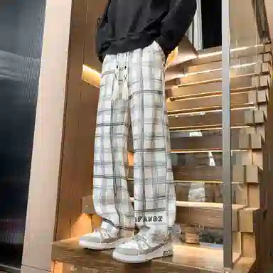 阿凡迪 美式复古潮流格子条纹中腰潮牌系带星星小标字母印花日常百搭高街宽松垂坠微弹汤透气阔腿裤垂感直筒休闲裤 男女同款