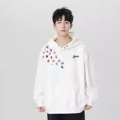 阿凡迪 美式高街潮流仿刺绣手写签名体蝴蝶印花高级感百搭舒适校园风休闲街头慵懒感基础纯色宽松氛围感纽扣连帽卫衣 男女同款