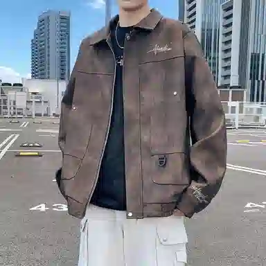 阿凡迪 仿刺绣美式高街复古时尚潮流创意手写签名体袖口印花保暖耐磨绒感落肩翻领长袖拉链舒适百搭休闲学院风夹克外套 男女同款