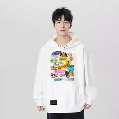 阿凡迪 美式复古潮流高街个性潮牌卡通字母印花设计纯色宽松日常舒适学生党休闲百搭氛围感学院风长袖纽扣套头连帽卫衣 男女同款