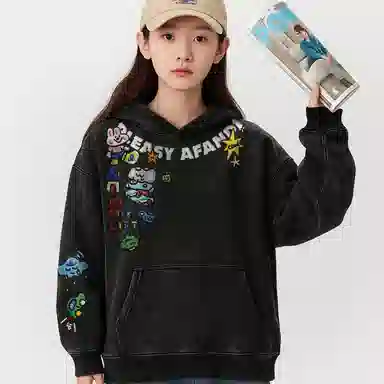 阿凡迪 国潮仿刺绣美式趣味搞怪涂鸦艺术字母印花水洗做旧质感简约潮流时尚舒适学生党宽松百搭透气通勤基础款长袖连帽卫衣 男女同款
