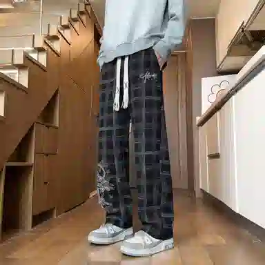 阿凡迪 美式重磅扎染格纹手绘字母系带抽绳裤子高街复古户外运动裤日常通勤百搭格子长裤宽松柔软垂感舒适阔腿休闲裤 男女同款