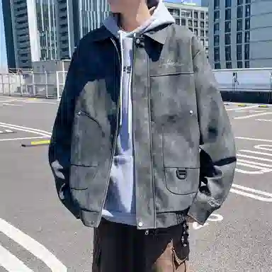 阿凡迪 仿刺绣美式高街复古时尚潮流创意手写签名体袖口印花保暖耐磨绒感落肩翻领长袖拉链舒适百搭休闲学院风夹克外套 男女同款