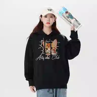 阿凡迪 仿刺绣美式复古高街时尚潮流创意可爱小猫印花纯色宽松日常通勤休闲运动学生党经典百搭长袖氛围感重磅连帽卫衣 男女同款