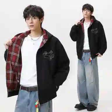 阿凡迪 美式高街复古格子重磅双面穿拼接潮牌嘻哈高级感设计时尚百搭宽松休闲舒适长袖廓形外套情侣连帽开衫卫衣 男女同款