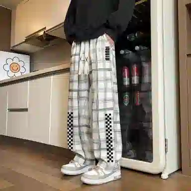 阿凡迪 美式扎染格纹高街复古棋盘创意印花系带抽绳裤子户外运动裤时尚百搭日常通勤格子长裤宽松柔软垂感舒适阔腿休闲裤 男女同款