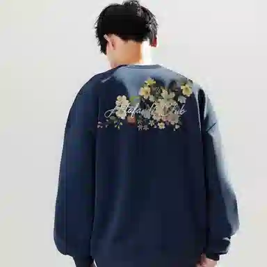 阿凡迪 仿刺绣美式复古高街时尚潮流创意花卉设计手写艺术字母纯色宽松日常通勤休闲运动学生党经典百搭长袖氛围感圆领卫衣 男女同款