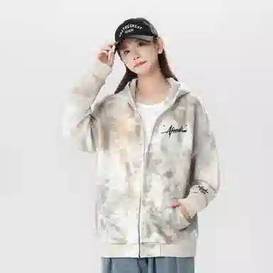 阿凡迪 美式复古高街星空扎染满天星仿刺绣手写签名体印花设计休闲宽松日常运动通勤百搭舒适潮牌重磅拉链外套开衫连帽卫衣 男女同款