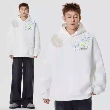 万针刺绣翅膀阿凡迪 美式高街复植物花卉艺术签名花体字母印花潮牌宽松简约日常通勤时尚百搭长袖连帽卫衣 男女同款