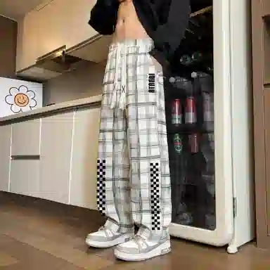 阿凡迪 美式扎染格纹高街复古棋盘创意印花系带抽绳裤子户外运动裤时尚百搭日常通勤格子长裤宽松柔软垂感舒适阔腿休闲裤 男女同款