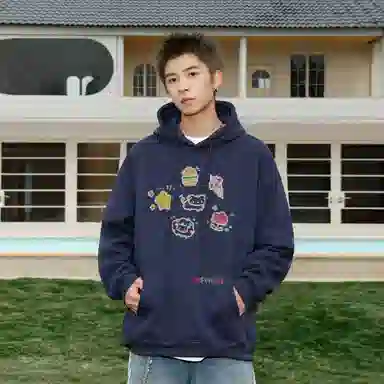 阿凡迪 校园童趣【重磅华棉】美式简约基础款卡通动物字母撞色仿刺绣高级感印花高街个性潮流百搭通勤无性别宽松连帽卫衣 男女同款