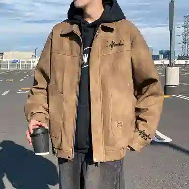 阿凡迪 仿刺绣美式高街复古时尚潮流创意手写签名体袖口印花保暖耐磨绒感落肩翻领长袖拉链舒适百搭休闲学院风夹克外套 男女同款