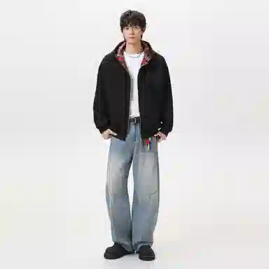 阿凡迪 潮流重磅双面艺术字母印花穿美式格子拼接潮牌嘻哈高街高级感设计时尚百搭宽松休闲舒适长袖廓形外套情侣连帽开衫卫衣 男女同款