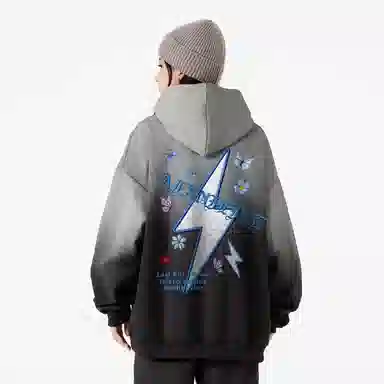 阿凡迪 美式高街复古仿刺绣闪电字母蝴蝶印花日常通勤百搭休闲宽松连帽套头国潮重磅渐变潮牌设计氛围感长袖卫衣 男女同款