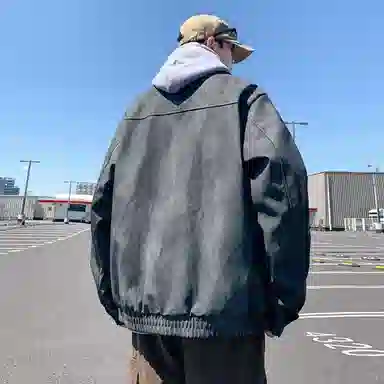 阿凡迪 仿刺绣美式高街复古时尚潮流创意手写签名体袖口印花保暖耐磨绒感落肩翻领长袖拉链舒适百搭休闲学院风夹克外套 男女同款