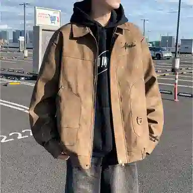 阿凡迪 仿刺绣美式高街复古时尚潮流创意手写签名体袖口印花保暖耐磨绒感落肩翻领长袖拉链舒适百搭休闲学院风夹克外套 男女同款
