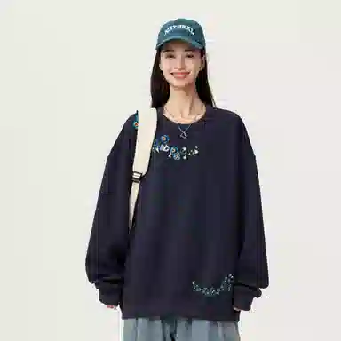 阿凡迪 美式高街植物花卉品牌花体字母嵌入式设计印花学院风百搭纯色无性别主义宽松痞帅上衣小清新打底内搭氛围圆领卫衣 男女同款
