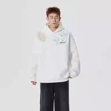 万针刺绣翅膀阿凡迪 美式高街复植物花卉艺术签名花体字母印花潮牌宽松简约日常通勤时尚百搭长袖连帽卫衣 男女同款