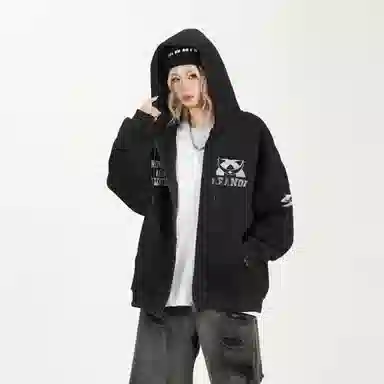 阿凡迪 【重磅华棉】美式潮流校园基础款品牌字母复古涂鸦印花高街通勤个性穿搭少年感无性别主义宽松简约拉链开衫连帽卫衣 男女同款