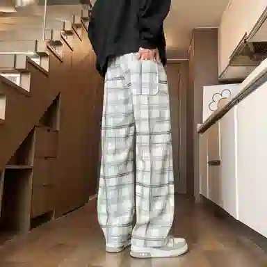 阿凡迪 美式扎染格纹高街复古棋盘创意印花系带抽绳裤子户外运动裤时尚百搭日常通勤格子长裤宽松柔软垂感舒适阔腿休闲裤 男女同款