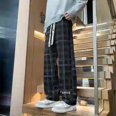 阿凡迪 美式复古潮流格子条纹中腰潮牌系带星星小标字母印花日常百搭高街宽松垂坠微弹汤透气阔腿裤垂感直筒休闲裤 男女同款