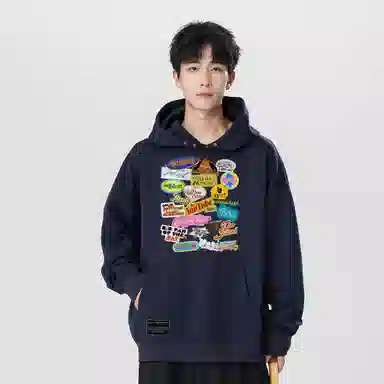 阿凡迪 美式复古潮流高街个性潮牌卡通字母印花设计纯色宽松日常舒适学生党休闲百搭氛围感学院风长袖纽扣套头连帽卫衣 男女同款