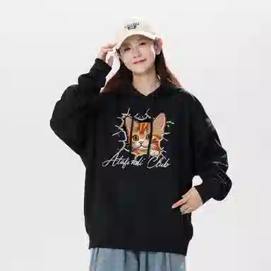 阿凡迪 仿刺绣美式复古高街时尚潮流创意可爱小猫印花纯色宽松日常通勤休闲运动学生党经典百搭长袖氛围感重磅连帽卫衣 男女同款