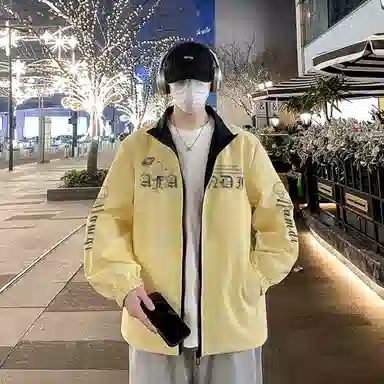 阿凡迪 美式高街复古潮牌品牌字母袖子印花设计极简通勤学院风拼接翻领休闲运动街头日常百搭舒适宽松夹克外套 男女同款