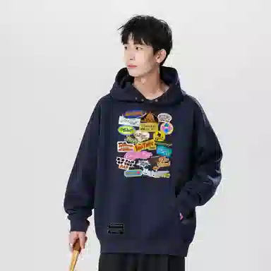 阿凡迪 美式复古潮流高街个性潮牌卡通字母印花设计纯色宽松日常舒适学生党休闲百搭氛围感学院风长袖纽扣套头连帽卫衣 男女同款