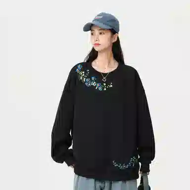 阿凡迪 美式高街植物花卉品牌花体字母嵌入式设计印花学院风百搭纯色无性别主义宽松痞帅上衣小清新打底内搭氛围圆领卫衣 男女同款
