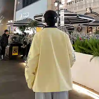 阿凡迪 美式高街复古潮牌品牌字母袖子印花设计极简通勤学院风拼接翻领休闲运动街头日常百搭舒适宽松夹克外套 男女同款