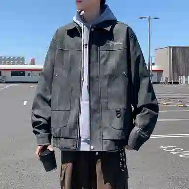 阿凡迪 仿刺绣美式高街复古时尚潮流创意手写签名体袖口印花保暖耐磨绒感落肩翻领长袖拉链舒适百搭休闲学院风夹克外套 男女同款