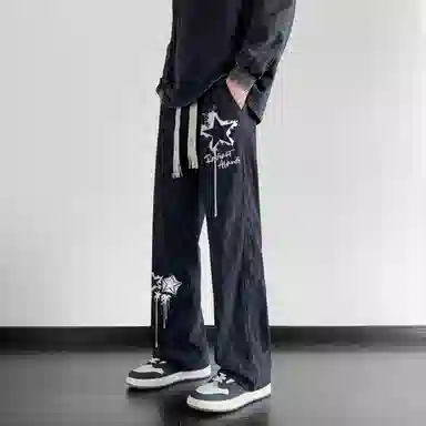 阿凡迪 扎染美式复古手绘星星涂鸦字母系带抽绳裤子高街户外运动裤日常通勤百搭微喇情侣装长裤宽松柔软垂感舒适阔腿潮流休闲裤 男女同款