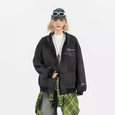 阿凡迪 美式复古高街满天星扎染潮流品牌签名字母校园风学生休闲百搭通勤无性别主义嘻哈街头宽松舒适重磅拉链外套开衫连帽卫衣 男女同款