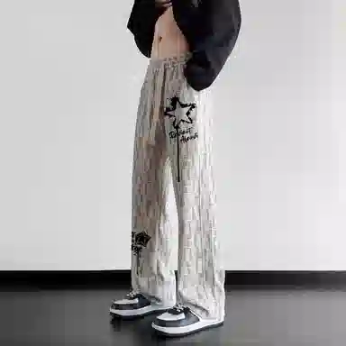 阿凡迪 扎染美式复古手绘星星涂鸦字母系带抽绳裤子高街户外运动裤日常通勤百搭微喇情侣装长裤宽松柔软垂感舒适阔腿潮流休闲裤 男女同款