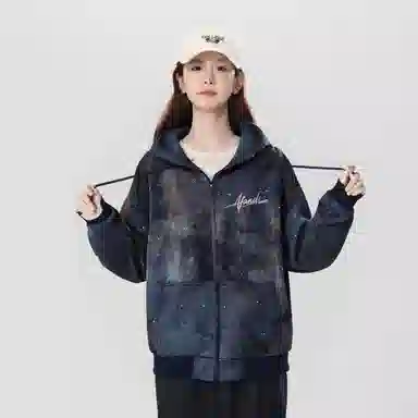 阿凡迪 美式复古高街星空扎染满天星仿刺绣手写签名体印花设计休闲宽松日常运动通勤百搭舒适潮牌重磅拉链外套开衫连帽卫衣 男女同款