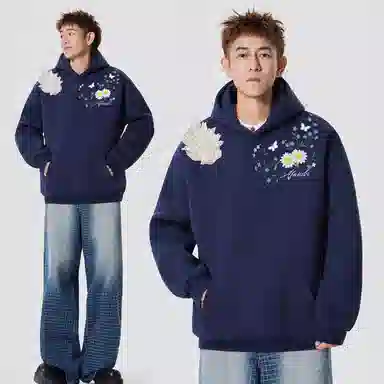 万针刺绣翅膀阿凡迪 美式高街复植物花卉艺术签名花体字母印花潮牌宽松简约日常通勤时尚百搭长袖连帽卫衣 男女同款