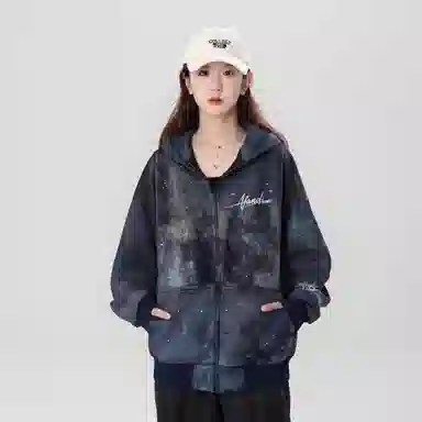 阿凡迪 美式复古高街星空扎染满天星仿刺绣手写签名体印花设计休闲宽松日常运动通勤百搭舒适潮牌重磅拉链外套开衫连帽卫衣 男女同款