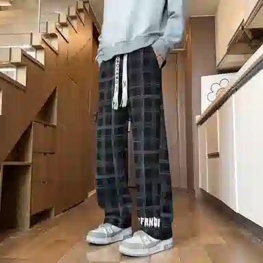 阿凡迪 美式复古格子条纹中腰潮牌系带星星字母印花百搭高街宽松垂坠微弹汤透气阔腿裤垂感直筒休闲裤 男女同款