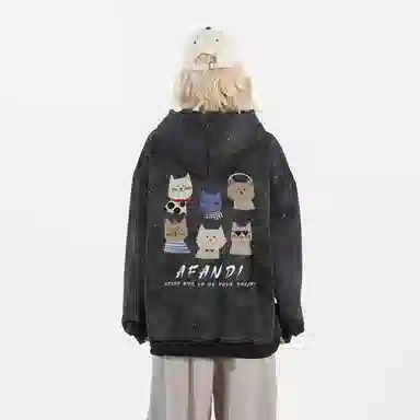 阿凡迪 【重磅华棉】美式潮流高街满天星扎染工艺简约字母卡通动物背面萌趣猫咪家族印花校园复古个性穿搭无性别宽松连帽卫衣 男女同款