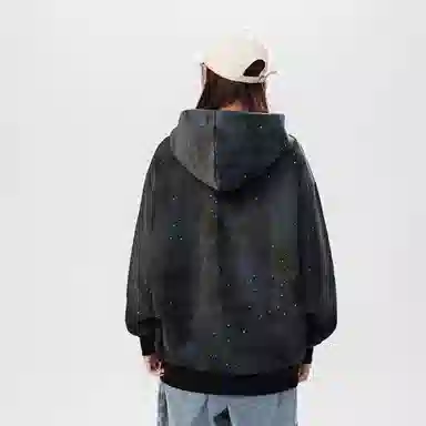 阿凡迪 美式复古高街星空扎染满天星仿刺绣手写签名体印花设计休闲宽松日常运动通勤百搭舒适潮牌重磅拉链外套开衫连帽卫衣 男女同款